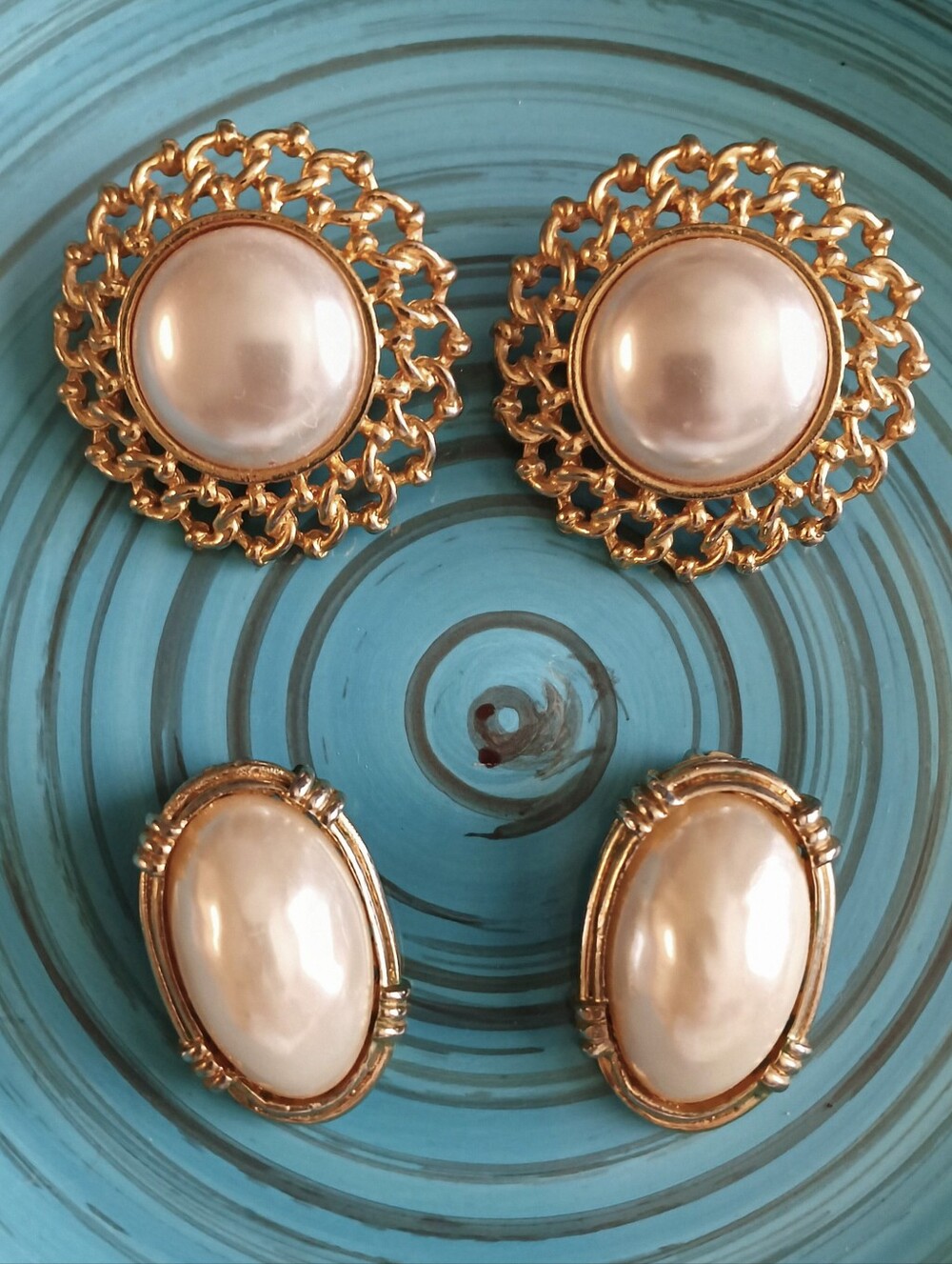 3 Pair Vintage Napier Bundle of Gold Pearl Clip Earrings